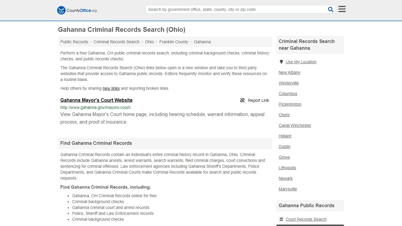 Gahanna Criminal Records Search (Ohio) - County Office